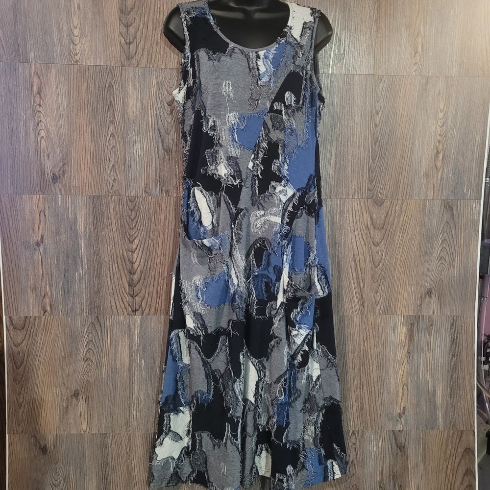 Parsley & Sage Textured Midi Dress Size S Blue Multi Pockets Frayed Art to Wear